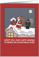Humorous Christmas Card With Santa And A Burglar On The Rooftop card