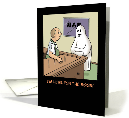 Funny Blank Note Card With a Ghost In A Bar Here For The Boos card