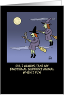 Funny Halloween Card With Cartoon Witches Flying At Night card