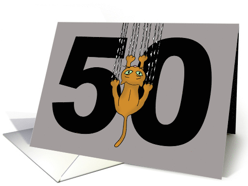 Funny 50th Birthday Card With A Cartoon Cat Shredding The Number card