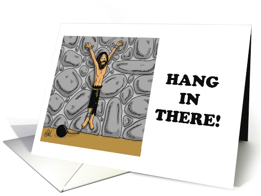 Cute Encouragement With Cartoon Man In Dungeon Hang In There card