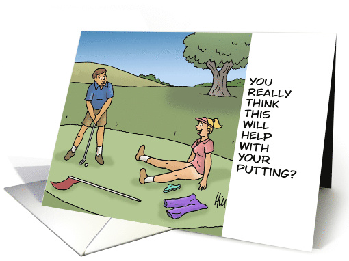 Adult Golfing Birthday With Woman Sitting In Front Of Golf Hole card
