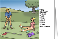 Adult Golfing Birthday With Woman Sitting In Front Of Golf Hole card