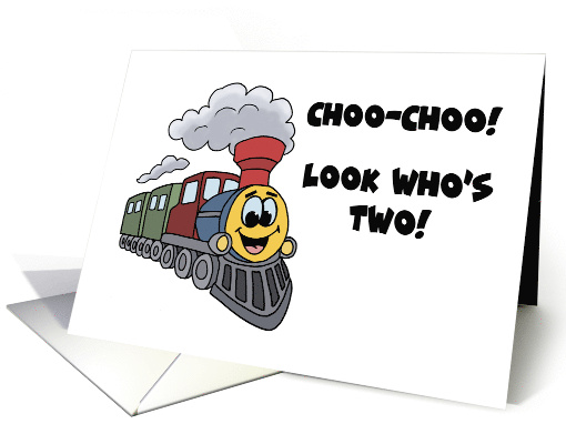 Cute Second Birthday With Cartoon Train Choo Choo Look Who's 2 card