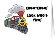 Cute Second Birthday With Cartoon Train Choo Choo Look Who’s 2 card