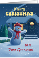 Cute Snowman in Front of House Merry Christmas to a Grandson card