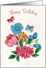 Happy Birthday Painterly Blue Red and Orange Wildflowers in Gouache card