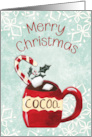 Merry Christmas Red Cocoa Mug and Snowflakes Light Green card