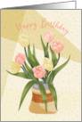Birthday Pastel Pink and Yellow Tulips on a Rustic Jar card