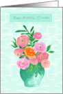 Watercolor Pink Orange and Coral Flowers Teal Vase Birthday Grandma card