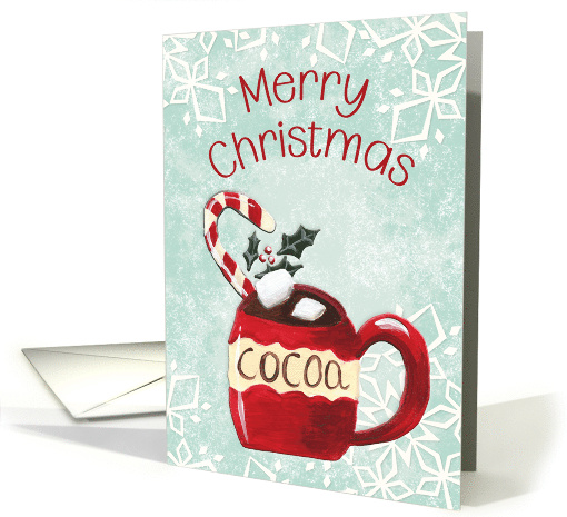 Merry Christmas Red Cocoa Mug and Snowflakes Light Green card