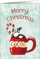 Merry Christmas Red Cocoa Mug and Snowflakes Light Green card
