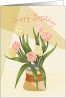 Birthday Pastel Pink and Yellow Tulips on a Rustic Jar card