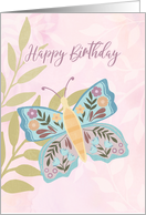 Happy Birthday Boho Blue and Yellow Butterfly with Flowers card