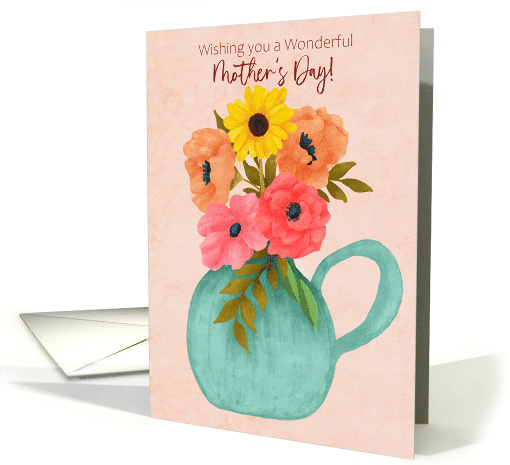 Wishing You a Wonderful Mothers Day Flower Bouquet in Teal Vase card