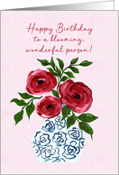 Happy Birthday to a Blooming Wonderful Person Red Roses White Vase card