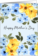 Happy Mothers Day Light Blue and Yellow Orange Watercolor Flowers