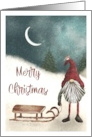 Merry Christmas with a Nostalgic Gnome and a Small Bird Pulling a Sled card