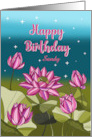 Happy Birthday Customize Name Pink Lotus with Leaves and Stars card