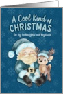 Cool Blue Christmas Santa and Reindeer Goddaughter and Boyfriend card