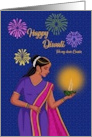 Diwali with Woman Holding Diya and Fireworks Cousin card