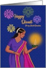 Diwali with Woman Holding Diya and Fireworks Great Grandma card