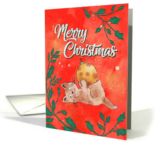 Merry Christmas with a Cute Kitten Playing with a Tree Ornament card