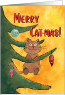Funny Cat Hanging from a Branch of the Christmas Tree card