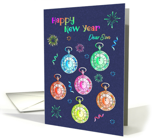 For Son Happy New Year with Fluorescent Clocks and Fireworks card