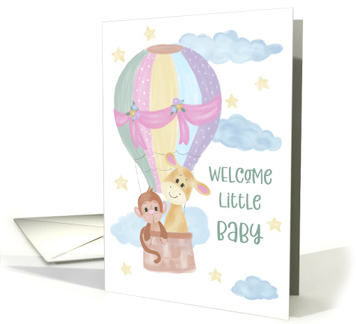 Birth Announcement a Monkey and a Giraffe in a Hot Air Balloon card