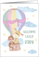 Birth Announcement a Monkey and a Giraffe in a Hot Air Balloon card