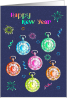 Happy New Year with Fluorescent Clocks and Fireworks card