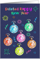 Belated Happy New Year with Fluorescent Clocks and Fireworks card