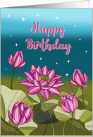 Happy Birthday Pink Lotus with Leaves and Stars card