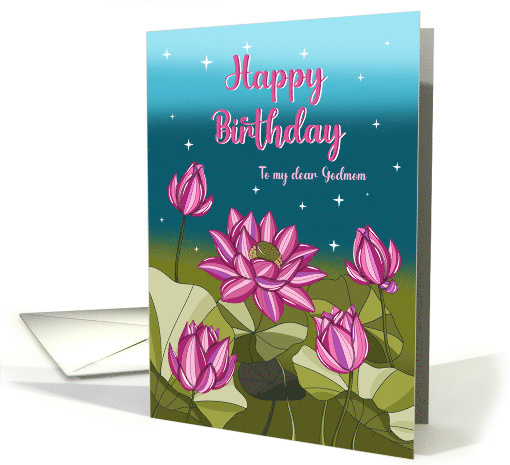 Happy Birthday To Godmom Pink Lotus with Leaves and Stars card