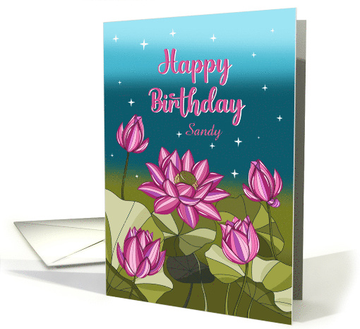 Happy Birthday Customize Name Pink Lotus with Leaves and Stars card