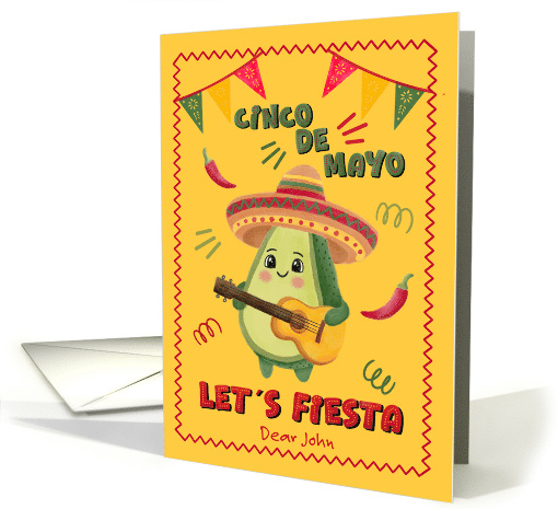 Cinco de Mayo Custom Name Lets Fiesta Avocado with Guitar card
