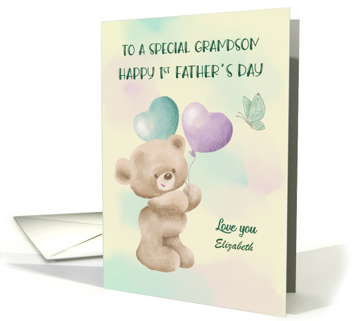 1st Father Day to Grandson Custom Name Bear with Balloons card