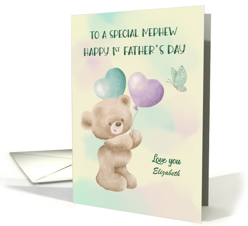 1st Father Day to Nephew Custom Name Bear with Balloons card (1925342)