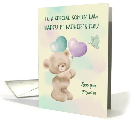 1st Father Day to Son in Law Custom Name Bear with Balloons card