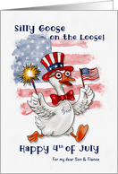 Fourth of July Silly Goose With American Flag for Son and Fiance card