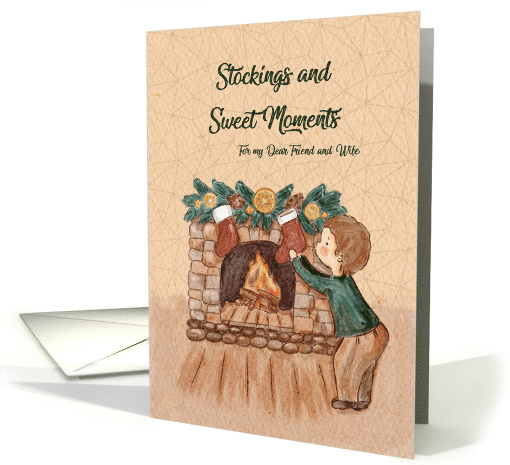 Christmas Little Boy Stockings and Fireplace for Friend and Wife card