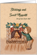 Christmas Little Boy Stockings and Fireplace for Great Aunt card