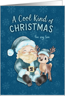 Cool Blue Christmas Santa and Reindeer for Son card