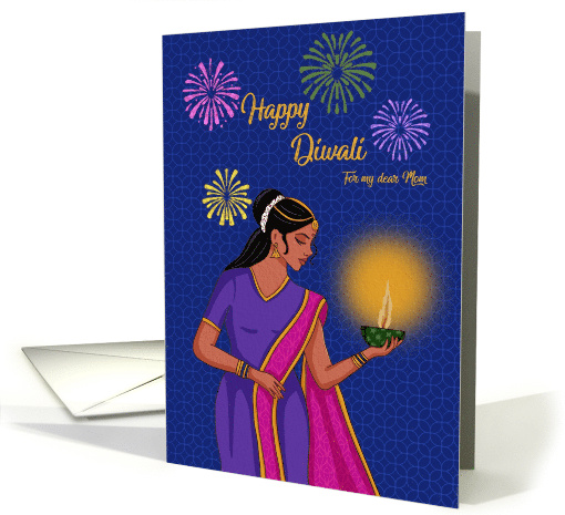 Diwali with Woman Holding Diya and Fireworks For Mom card (1941174)