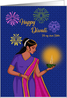 Diwali with Woman Holding Diya and Fireworks Sister card