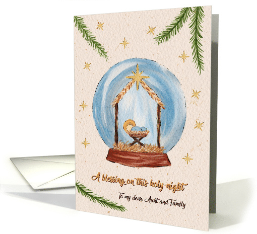 Religious Christmas Nativity Scene in Snow Globe Aunt and Fam card
