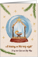Religious Christmas Nativity Scene in Snow Globe Dad and Step Mom card