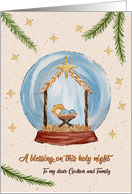 Religious Christmas Nativity Scene in Snow Globe Godson and Family card