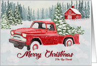 To New Parents Red Truck Bringing Christmas Cheer in Snow